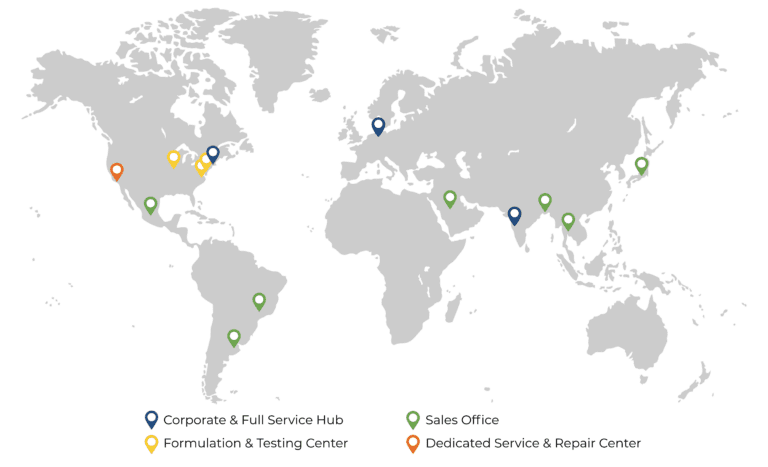 Dyhydromatics global footprint map displaying Corporate Hubs, Formulation & Testing Centers, Sales Offices, and Dedicated Service & Repair Centers across North America, South America, Europe, Asia, and the Middle East
