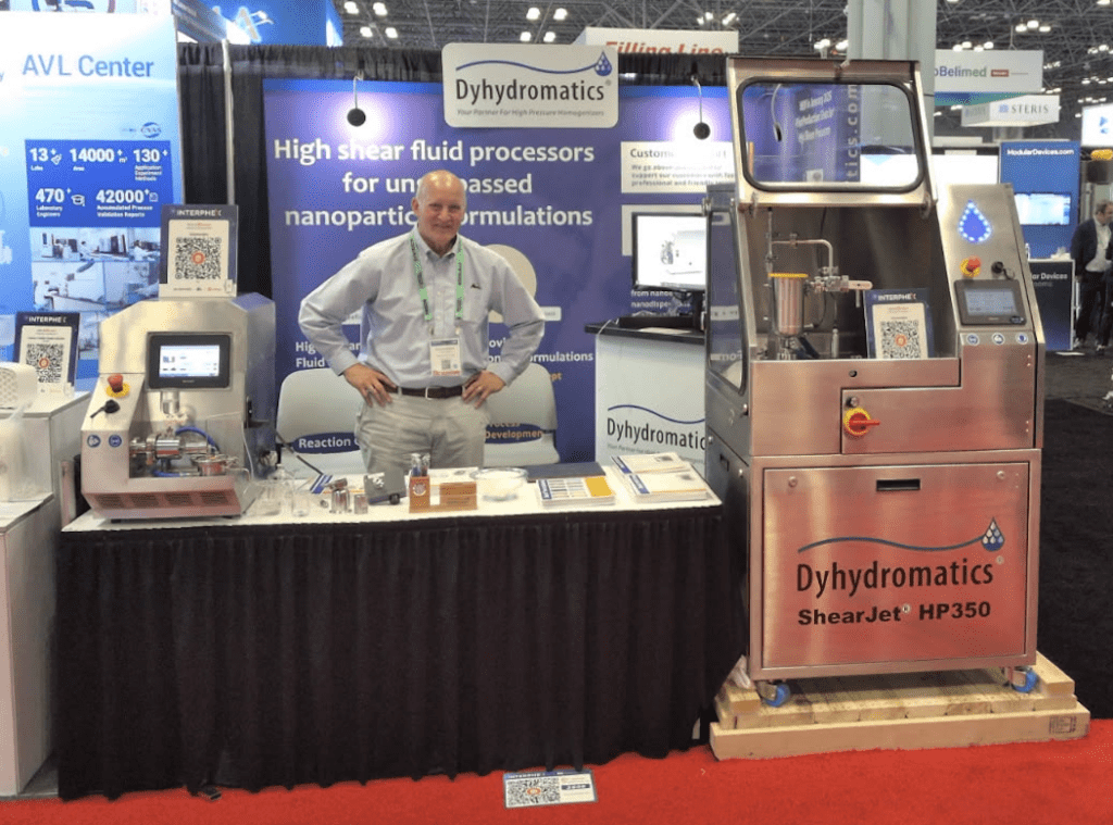 Live homogenizer demonstrtion set up at dyhydromatics INTERPHEX 2026 booth